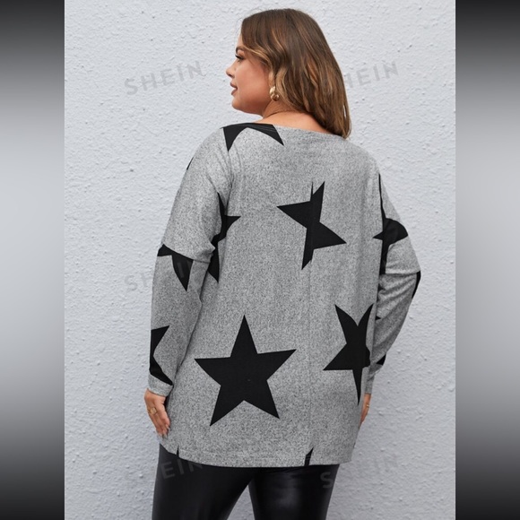 SHEIN plus size 16 star print drop shoulder long sleeve top (light gray) - Picture 3 of 5